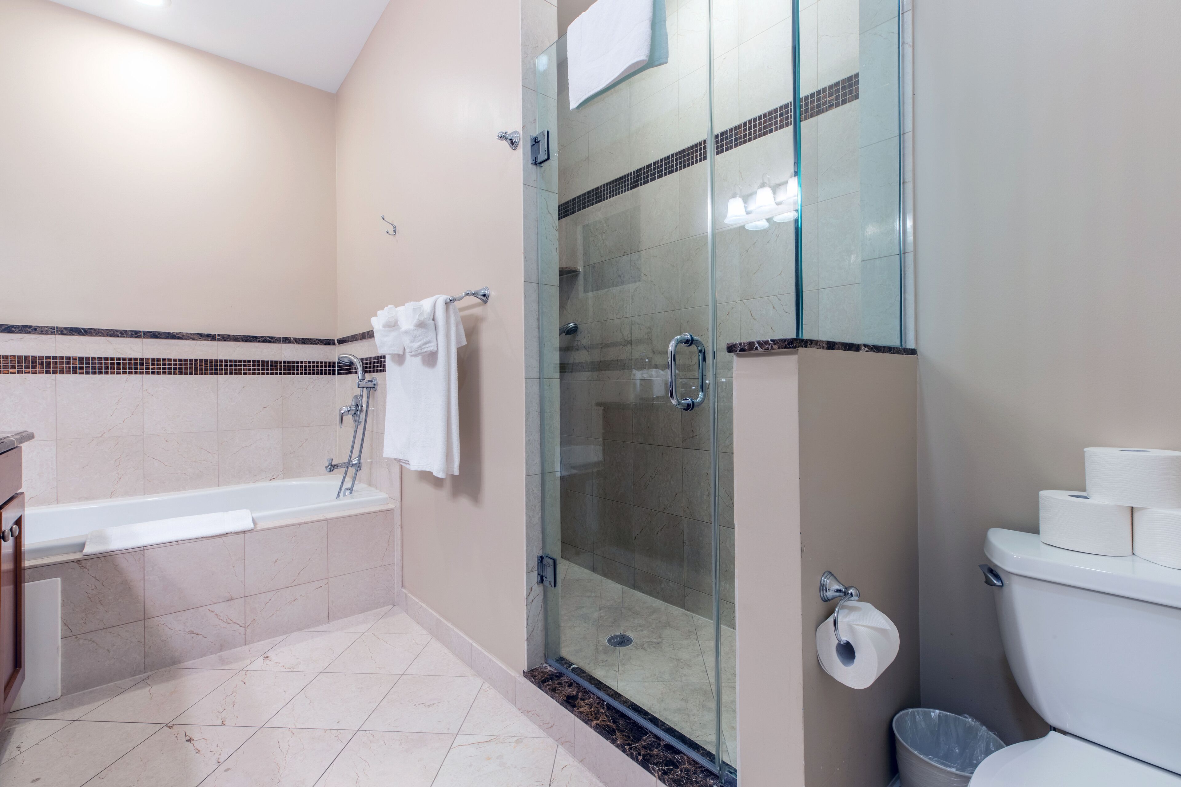 Une salle de bain avec une douche à parois de verre, une baignoire et des toilettes.