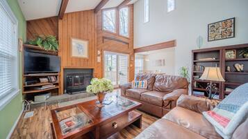 Smart TV, fireplace, DVD player, books