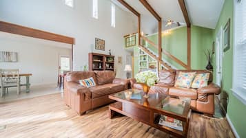 Smart TV, fireplace, DVD player, books