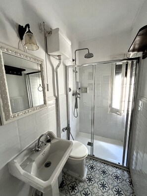 Shower, hair dryer, bidet, towels
