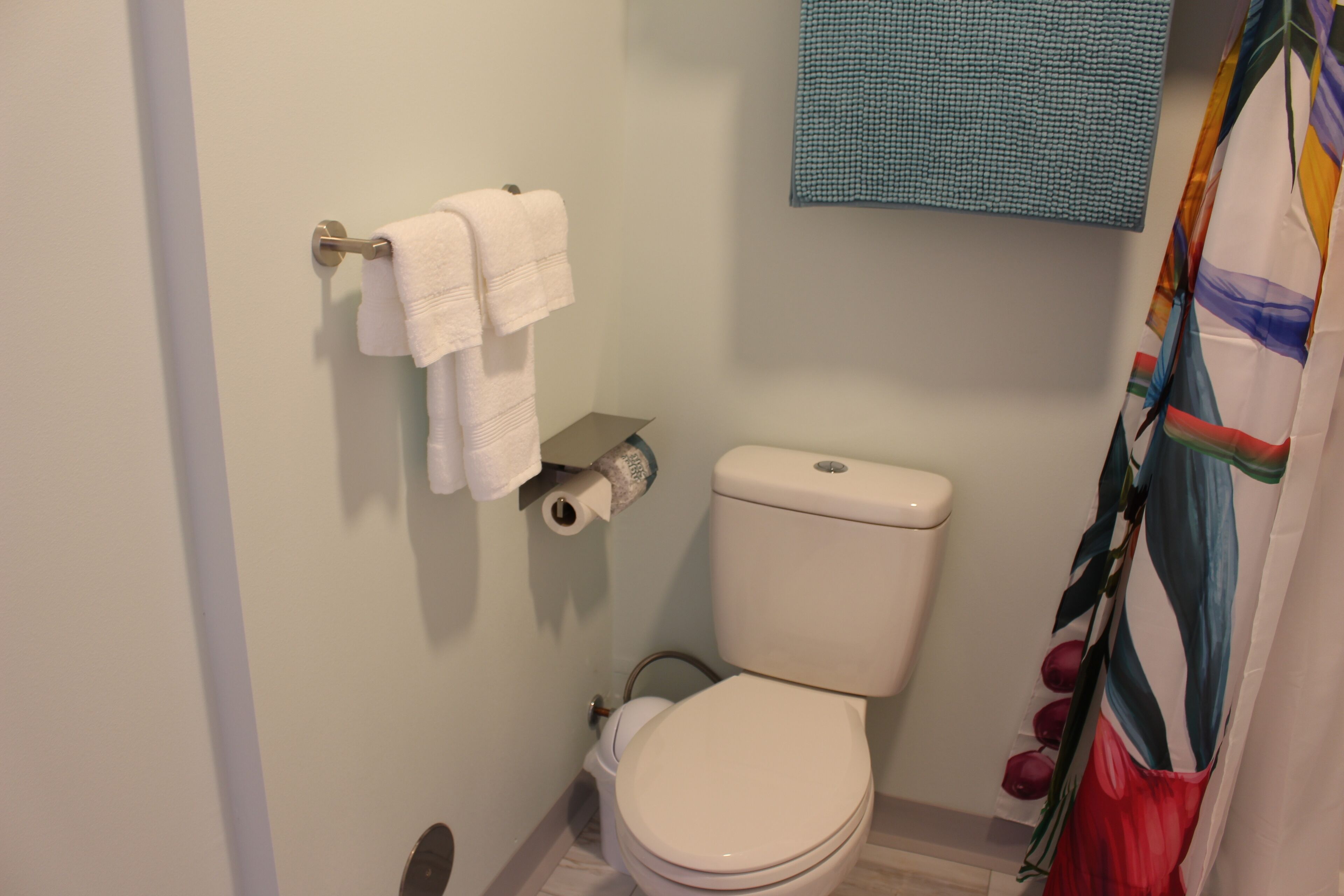 A bathroom with a toilet, a roll of toilet paper, and a towel rack with two towels.
