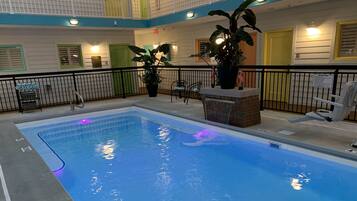 Une piscine intérieure avec un élément décoratif aquatique bleu, entourée d’une rambarde noire et agrémentée de plantes en pot.