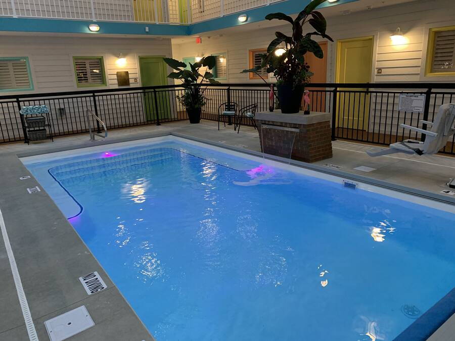Une piscine intérieure avec un élément décoratif aquatique bleu, entourée d’une rambarde noire et agrémentée de plantes en pot.