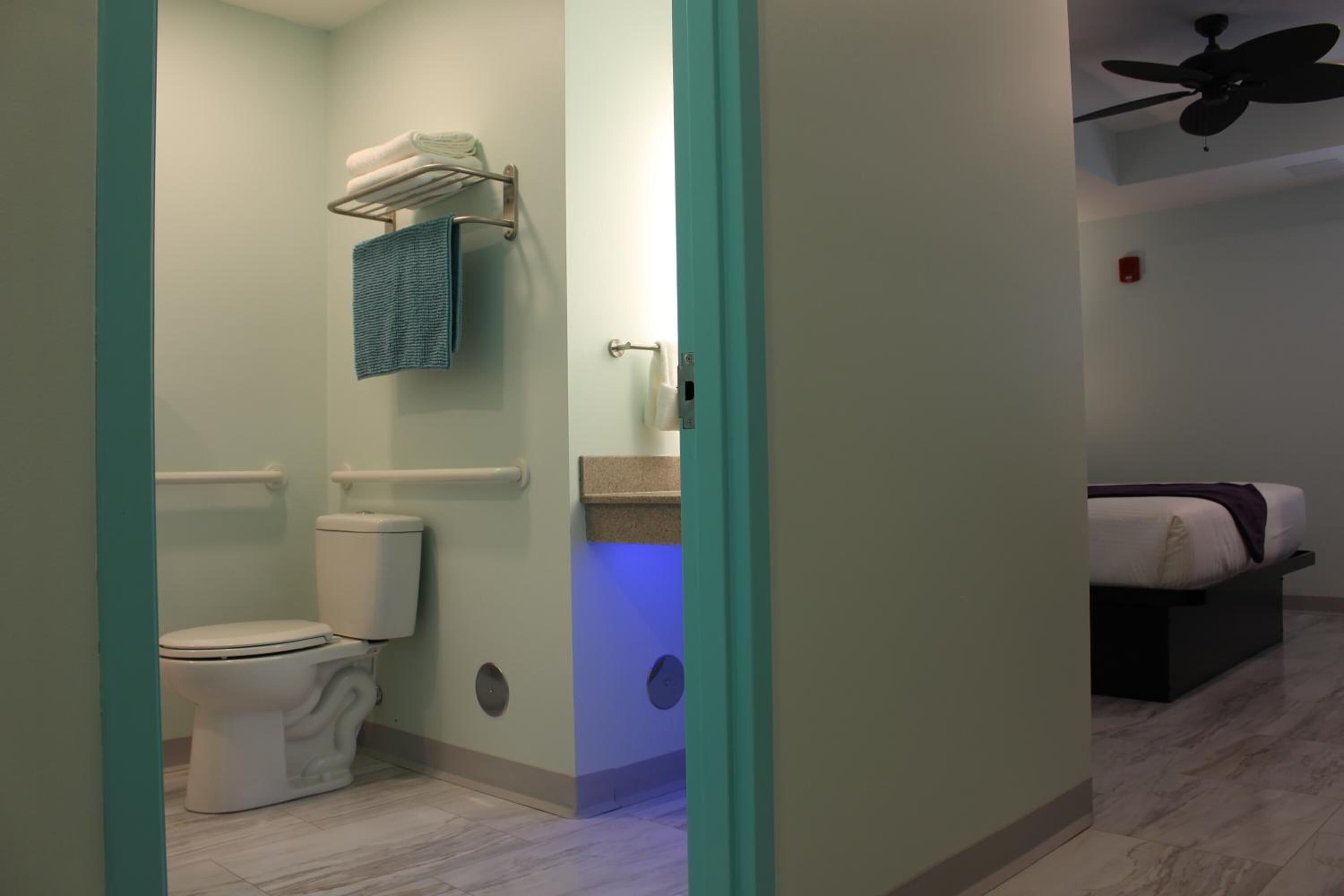 A bathroom with a toilet, towel rack, and a visible shower area.