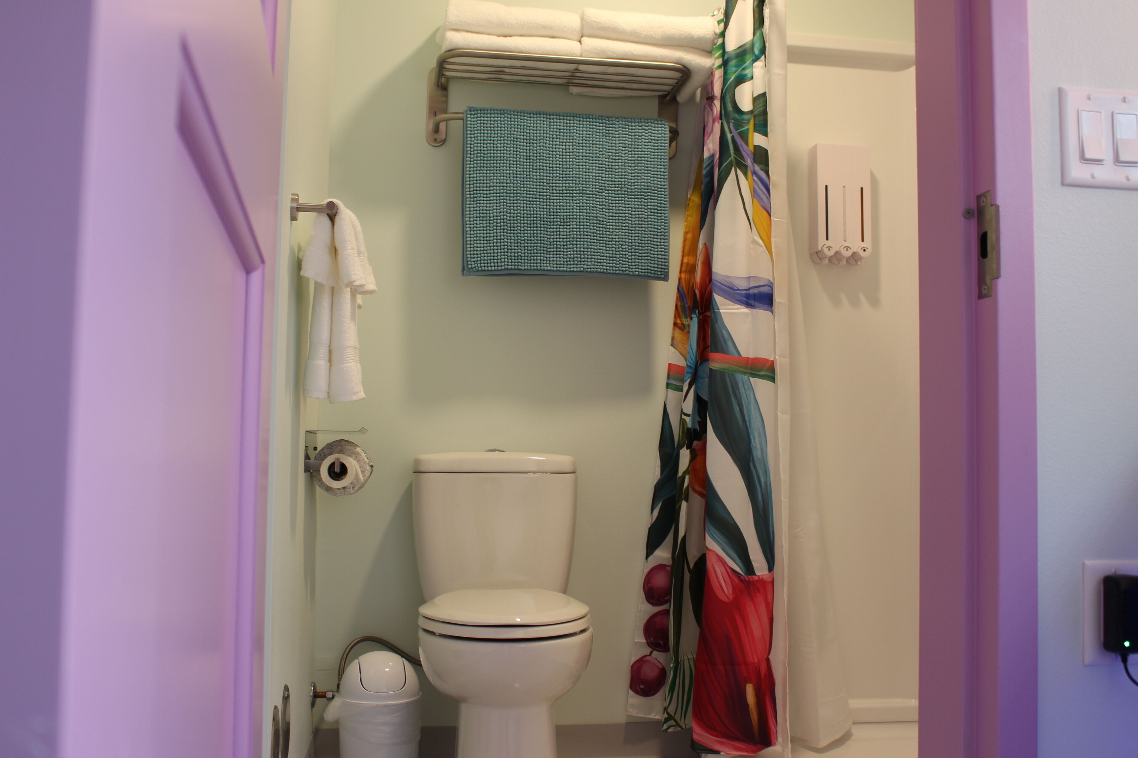 Een badkamer met toilet, handdoekhouder, douchegordijn en een lichtschakelaar aan de muur.