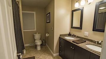 Combined shower/bathtub, hair dryer, towels, soap