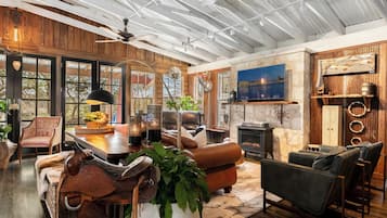 Smart TV, fireplace, DVD player, books