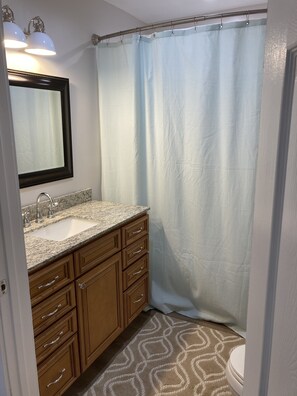 Combined shower/bathtub, hair dryer, towels, soap