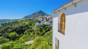 Une ville située sur une colline, avec des bâtiments, une montagne et une végétation luxuriante.