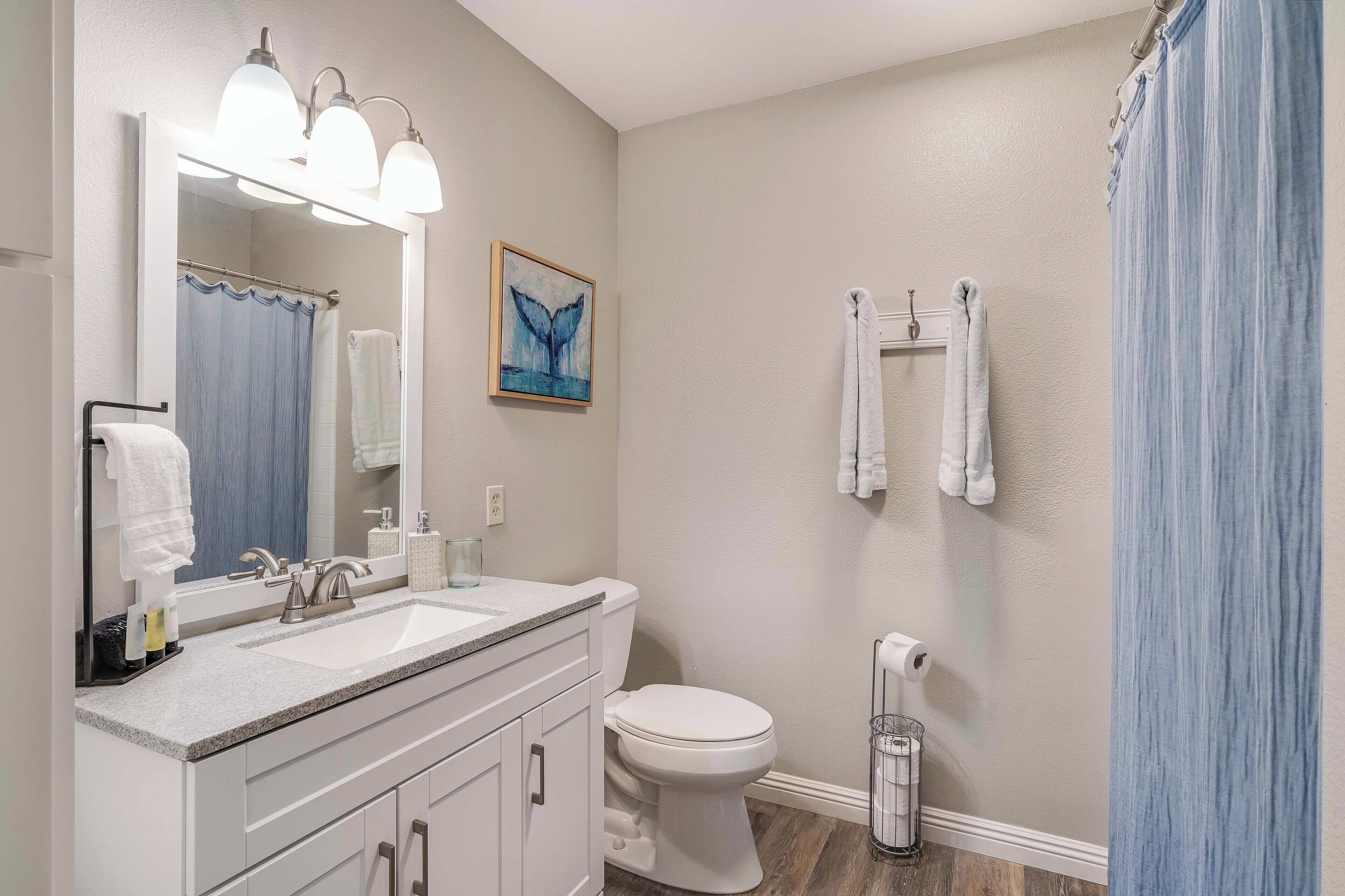 Une salle de bain avec un lavabo blanc, des toilettes, un miroir et un rideau de douche bleu.