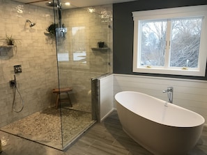 Bathtub, hair dryer, bidet, towels
