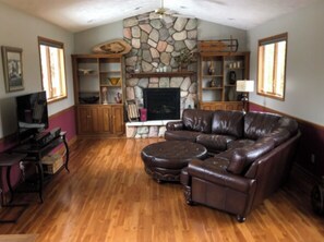 Televisión, chimenea, reproductor de DVD y libros 