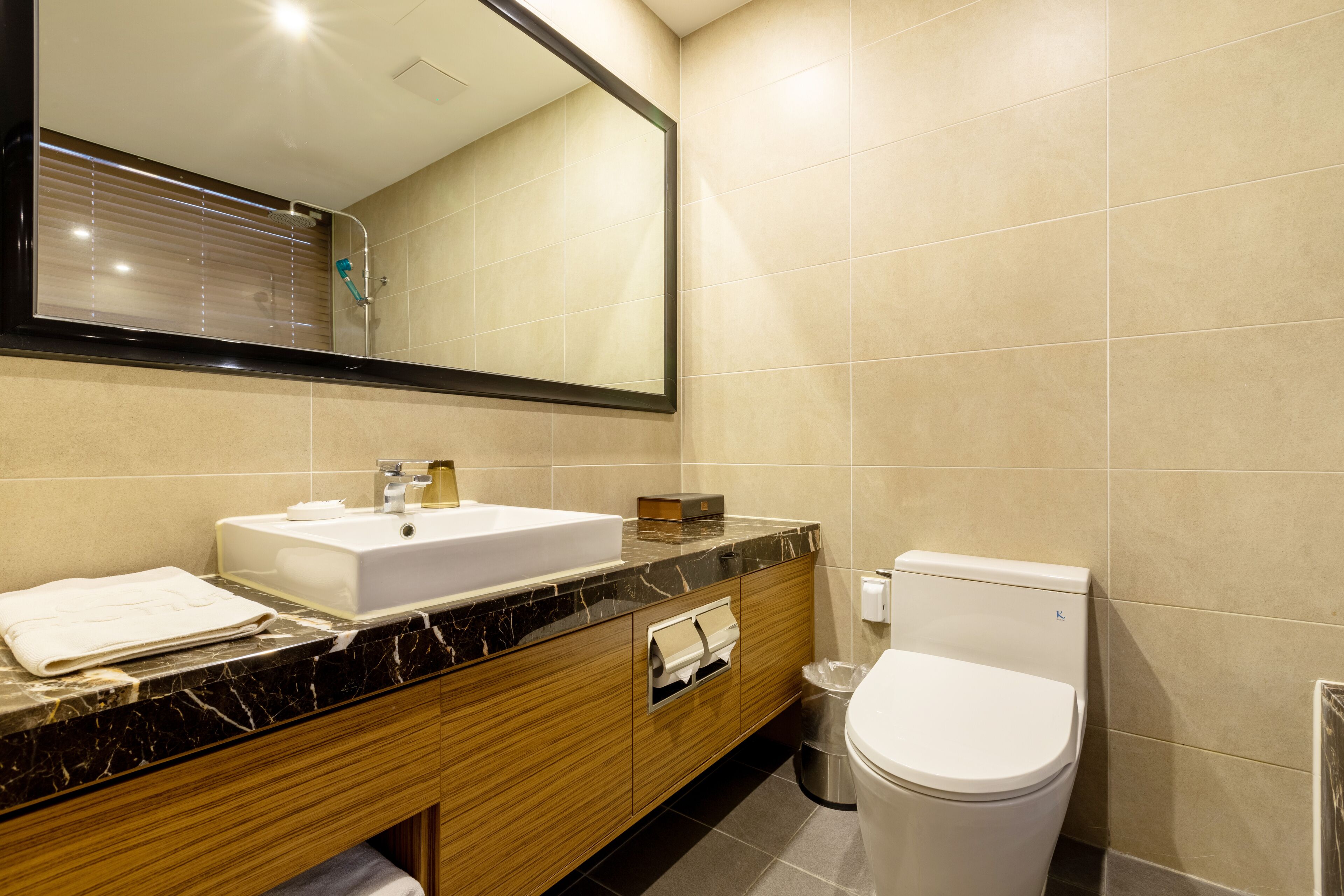 A modern bathroom with a sink, mirror, toilet, and trash can.