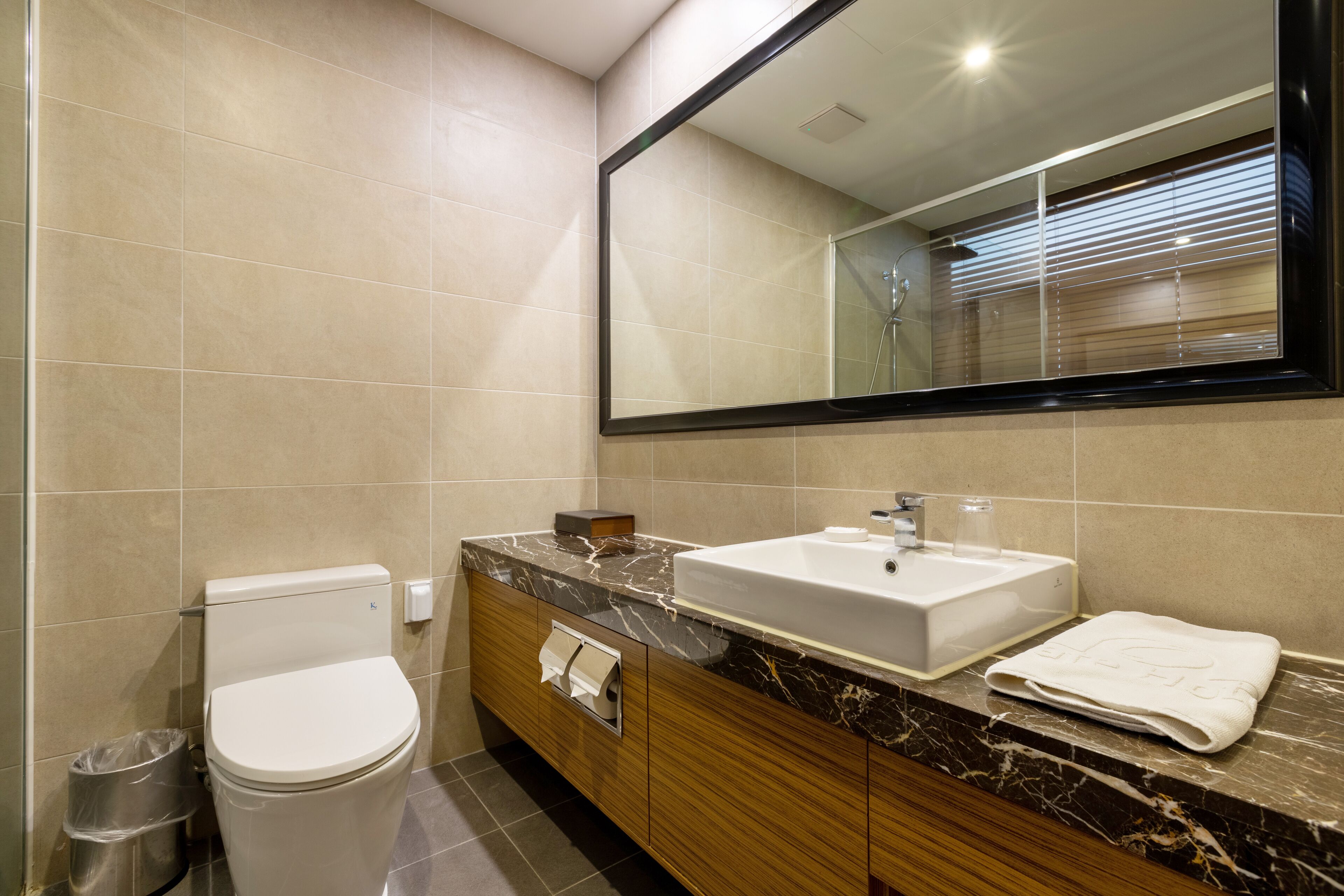 A modern bathroom with a toilet, sink, and mirror.