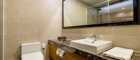 A modern bathroom with a toilet, sink, and mirror.