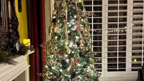 Een kerstboom versierd met decoraties en lichtjes, geplaatst bij een raam met jaloezieën.