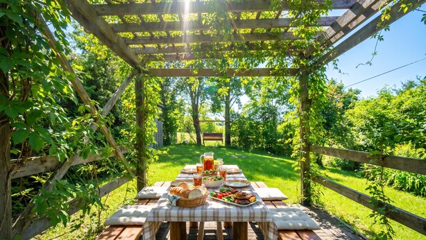 An outdoor wooden pergola with a picnic table set up for a meal.