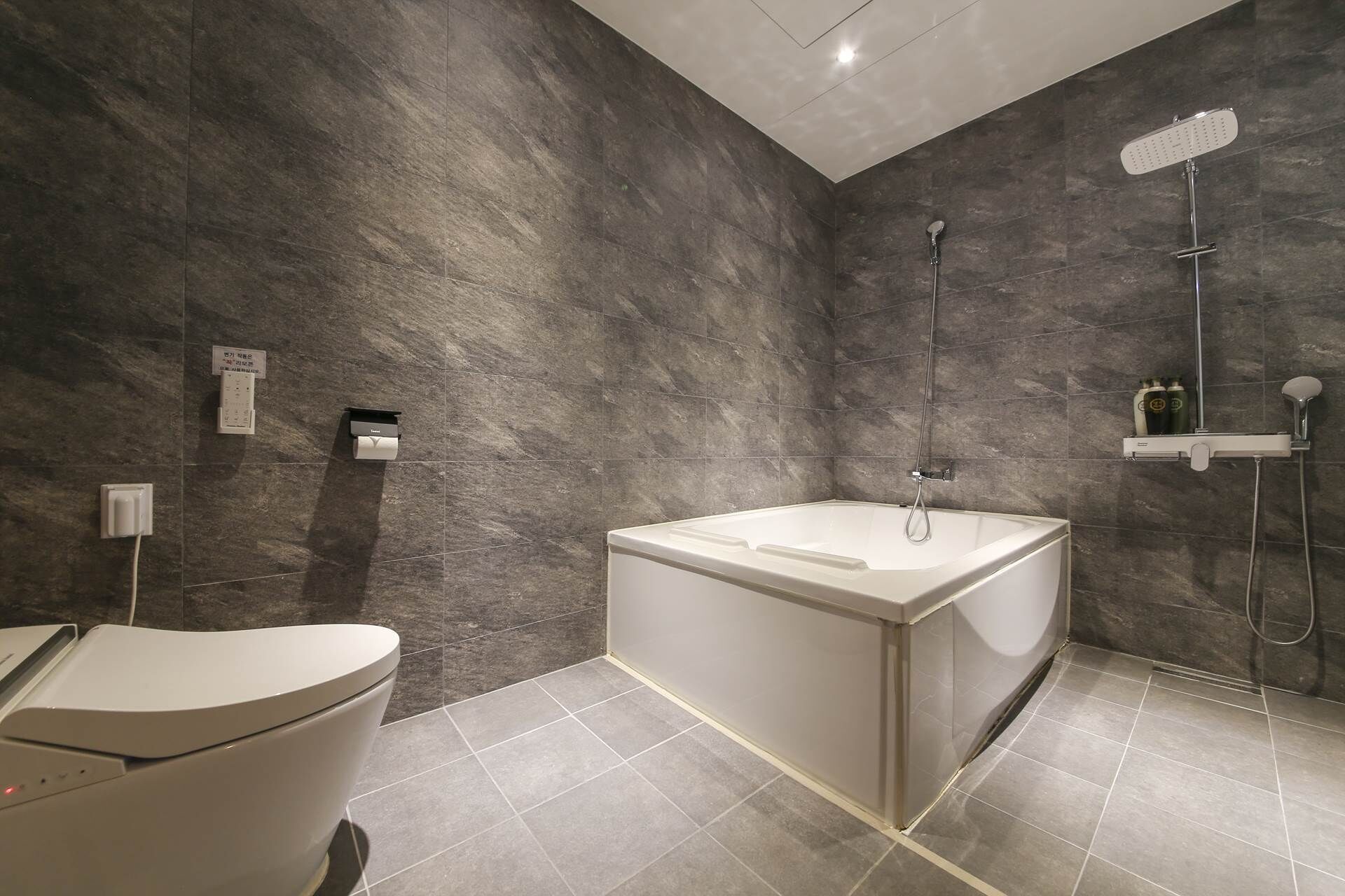 combined shower/bathtub, designer toiletries, hair dryer, bathrobes