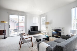 Télévision, cheminée, chaîne hi-fi