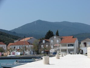 Ein Küstendorf mit Häusern, einem Yachthafen und einem Berg im Hintergrund.