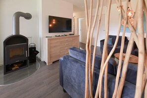 Fernseher, Kamin, Videothek, Stereoanlage
