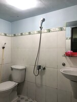Casa de banho com sanita, chuveiro e lavatório.