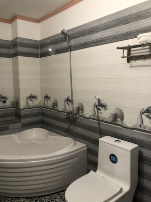 Combined shower/bathtub, free toiletries, slippers