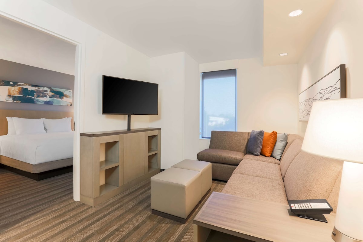 Una habitación de hotel moderna con cama, televisión, sofá y escritorio.