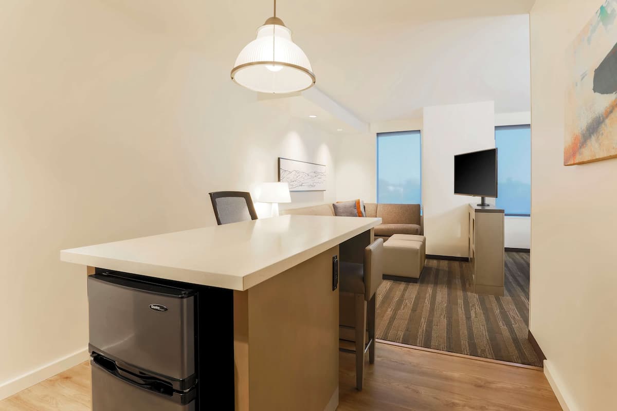 Una habitación de hotel pequeña con kitchenette, un sofá, un televisor y un cuadro.