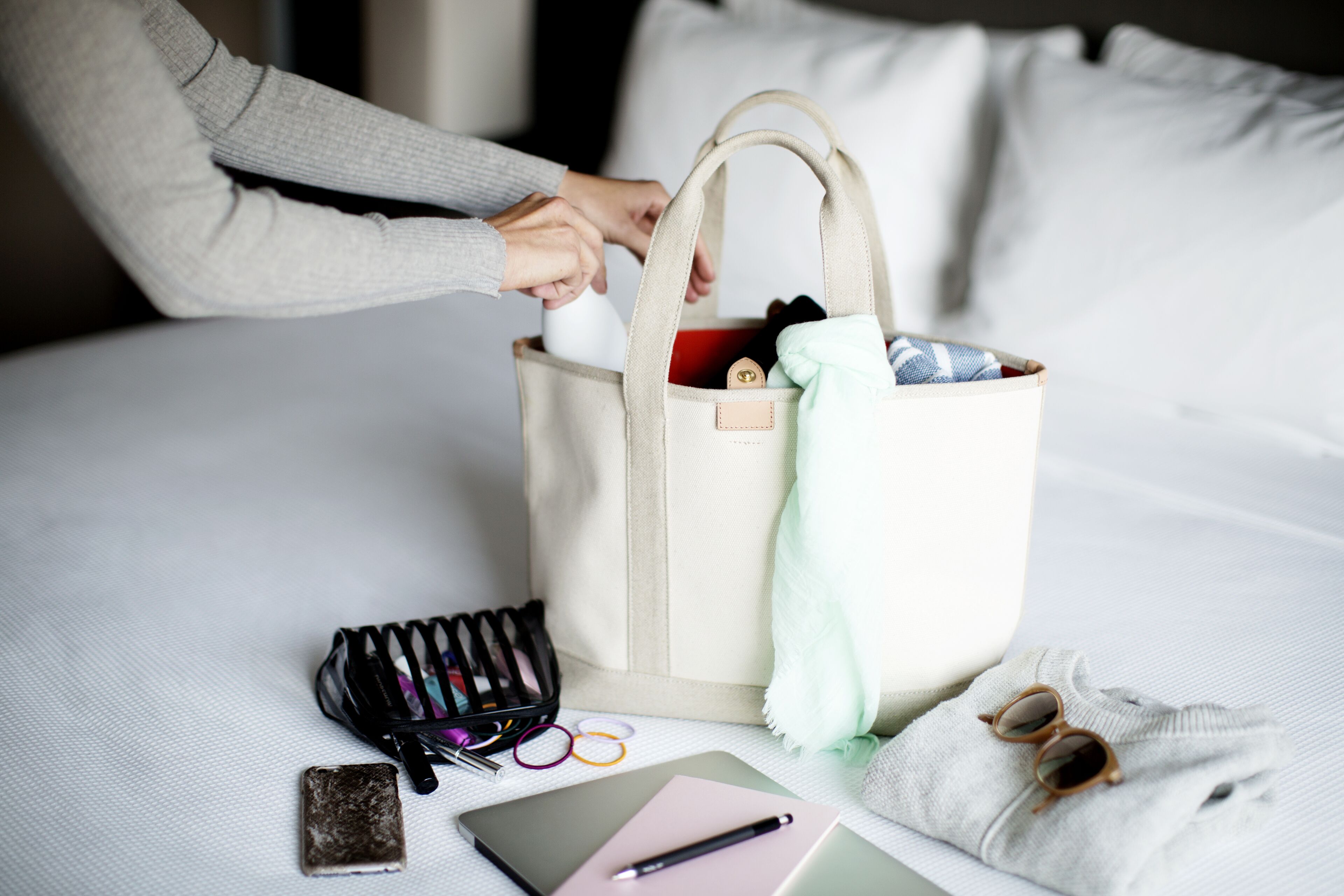 hypo-allergenic bedding, desk, laptop workspace, blackout curtains