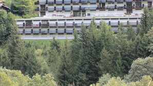 Un hotel de varios pisos con balcones, rodeado de un bosque frondoso.