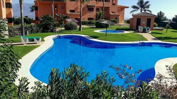 A large swimming pool surrounded by palm trees and a building with multiple balconies.