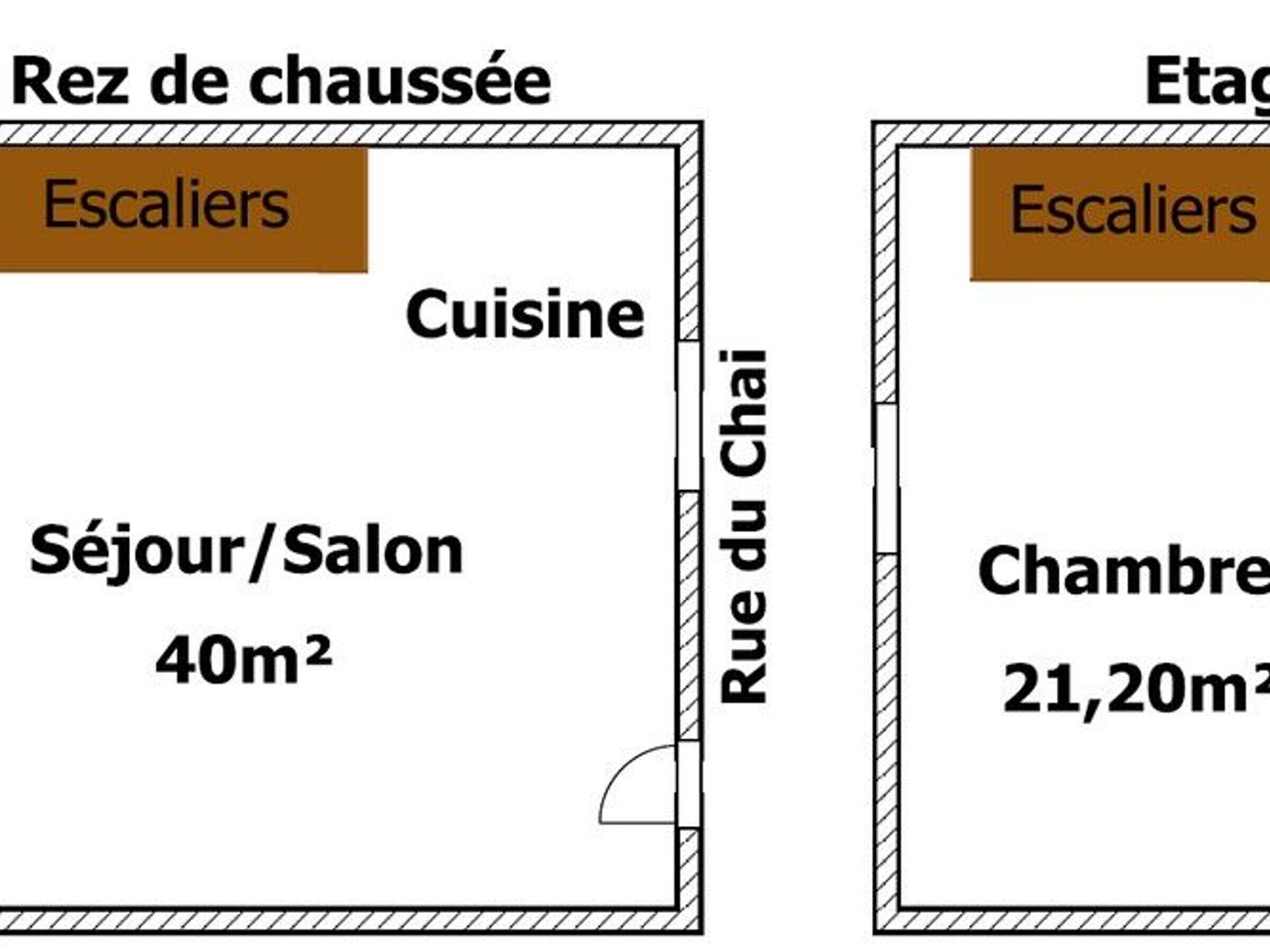Een plattegrond met een 'Rez de chaussée' (benedenverdieping) inclusief een 'Séjour/Salon' (slaapkamer/woonkamer) van 40m² en een 'Cuisine' (keuken). De 'Rue du Chai' (Thee Straat) leidt naar een 'Etage' (verdieping) met een 'Chambre' (slaapkamer) van 21,20m² en 'Escaliers' (trap).