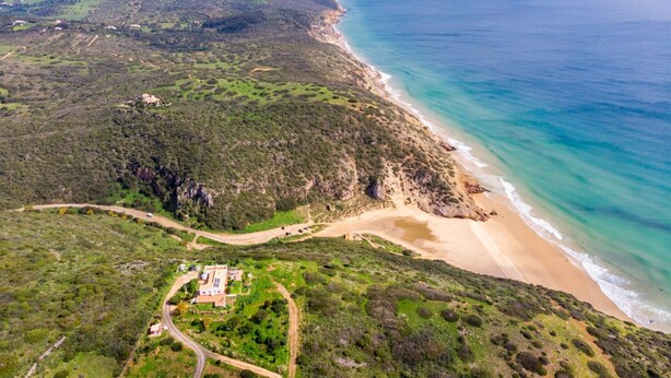 Vista aérea de una zona costera con playa, una carretera sinuosa y un edificio con jardín.