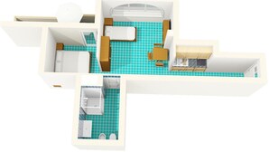 Un plan 3D d’une chambre d’hôtel comprenant une salle de bain, un coin cuisine et un espace salon.