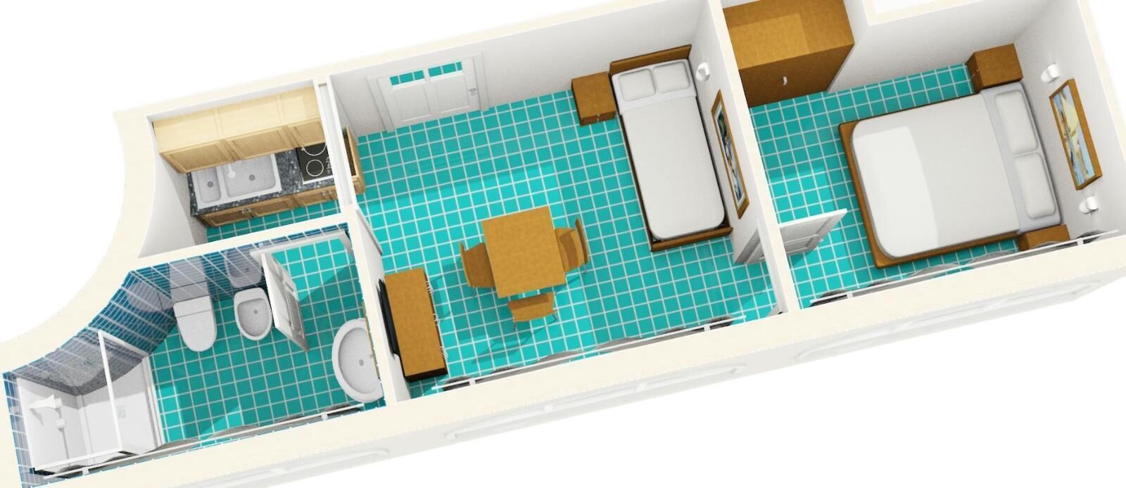 Interior de embarcación con cocina, comedor, dos dormitorios y baño.