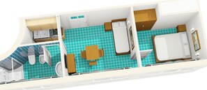 A ship's interior with a kitchen, dining area, and sleeping quarters.