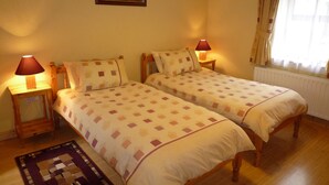 A room with two single beds, a wooden floor, a rug, a painting on the wall, and a window with curtains. - Lakeside Lodge Bantry (Bantry)