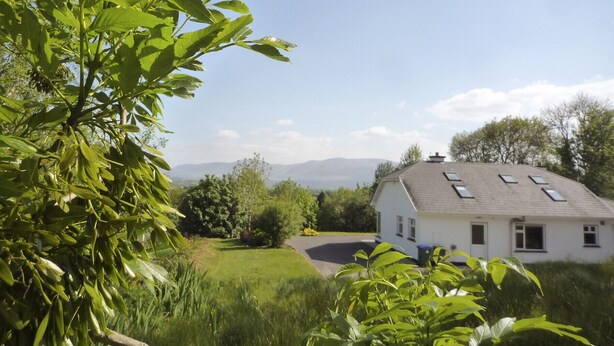 Une maison blanche avec un toit en pente et des fenêtres de toit, entourée d’une végétation luxuriante et sous un ciel dégagé.