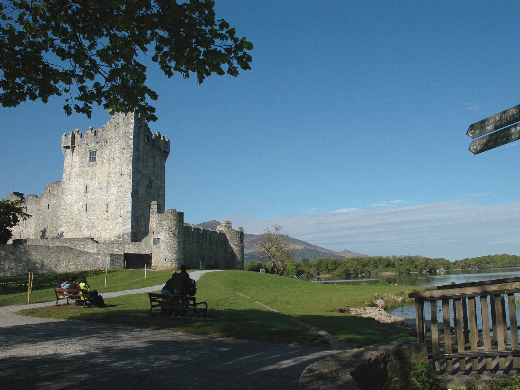 A castle with a large tower, a pathway leading to it, and a bench in the foreground.