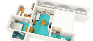 Een 3D-plattegrond van een hotelkamer met een badkamer, een kitchenette, een eethoek en een slaapkamer.