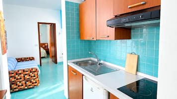 A compact kitchen with a dishwasher, stove, and a sink.