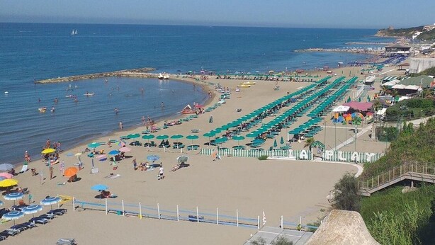 Una playa con filas de sillas de sol y sombrillas, un muelle y una vista despejada del mar.