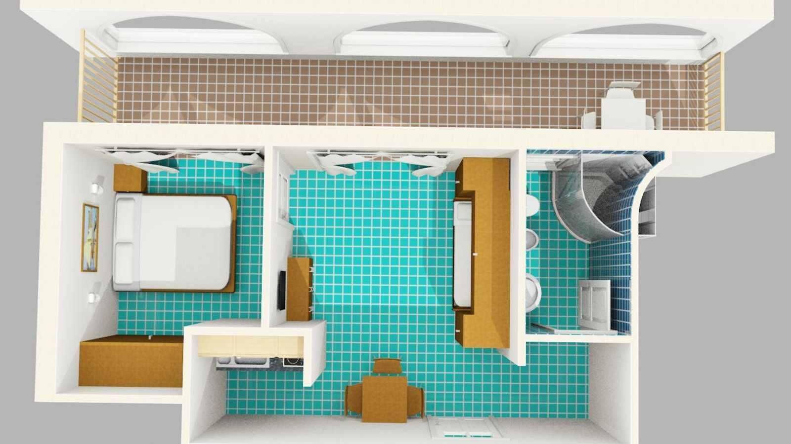 A 2-story hotel layout with a bathroom on the upper floor and a bedroom on the lower floor.