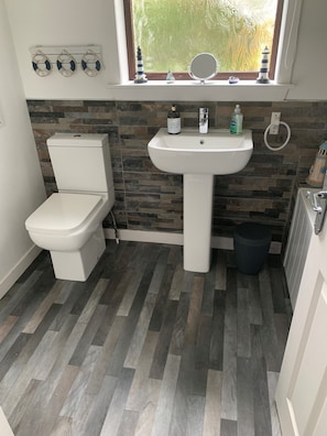 A compact bathroom with a white toilet, a pedestal sink, and a window with a view of greenery. - Osborne Cottage (Campbeltown)