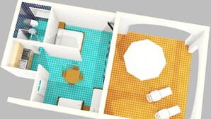 Un plan d’aménagement de chambre d’hôtel comprenant une salle de bain, un espace de vie avec un canapé et une table basse, et un coin repas avec une table et des chaises.