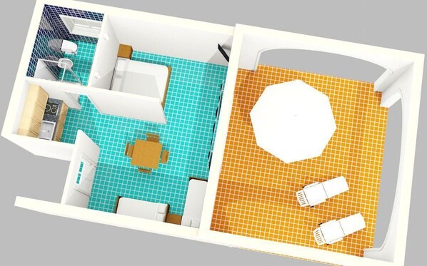 A hotel room layout with a bathroom, a living area with a sofa and a coffee table, and a dining area with a table and chairs. - Studio, first sea line, large terrace (Ginestra) (Anzio)