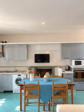 A modern kitchen with a dining table, chairs, a flat-screen TV, a microwave, a washing machine, and a fireplace. - Two-room apartment, large terrace, sea front (Camellia) (Anzio)
