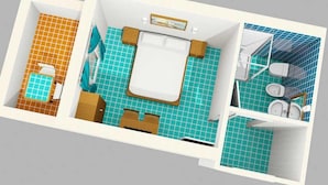 A 3D model of a hotel room with a bed, a small bathroom, and a shower area. - Double room, Terrace, No kitchen, Ground floor (Gardenia) (Anzio)
