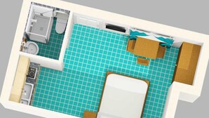 A 2D floor plan of a hotel room with a bathroom, kitchenette, and a large bed. - Studio, terrace, first floor (Ortensia) (Anzio)